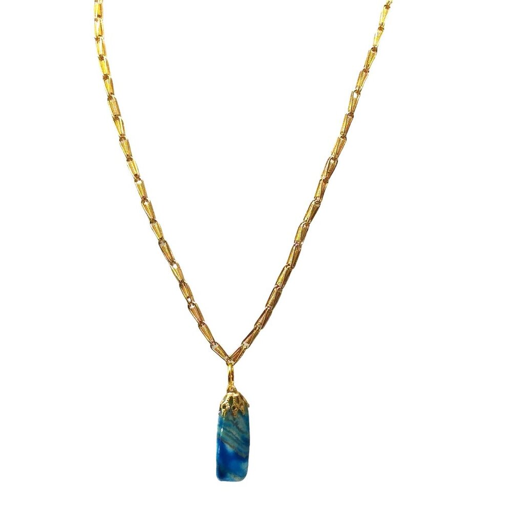 Vintage Bright Blue Banded Agate Pendant Necklace on Unique Gold Tone Chain
